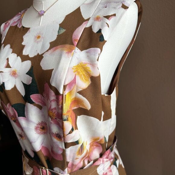 Calvin Klein Size 8 Sleeveless Brown Floral Print Belt w/Ruffle Hem Spring Dress - Picture 4 of 15